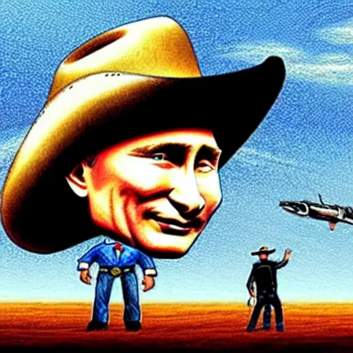 Image similar to vladimir putin riding a bomb in the sky, waving a cowboy hat, cartoonish, ultra detailed pencil art