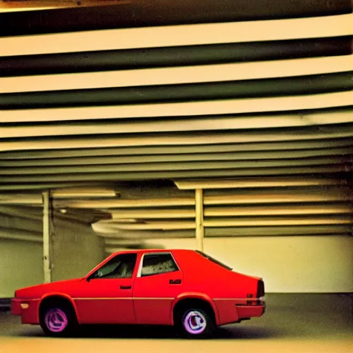 Image similar to indistinct 1975 hatchback, inside of an badly lit 1970s parking garage, ektachrome photograph, volumetric lighting, f8 aperture, cinematic Eastman 5384 film