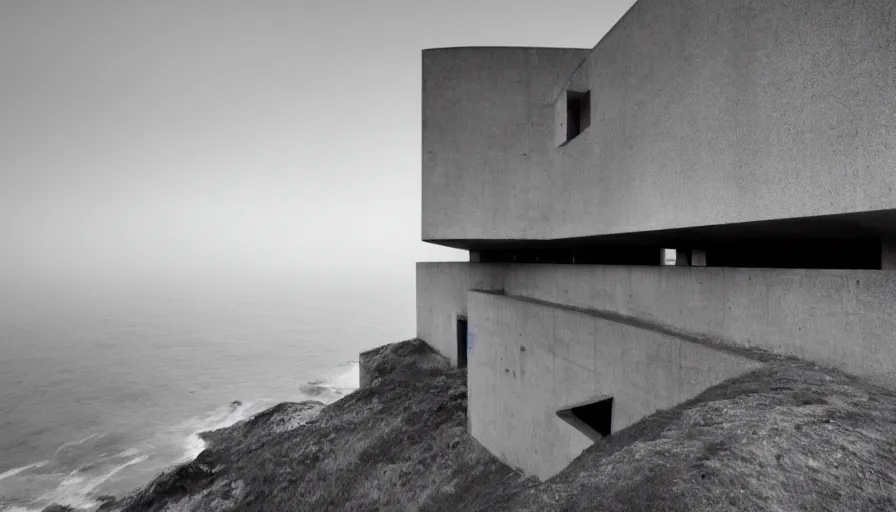 Prompt: brutalist base perched on a cliff overlooking a magnificient bay, drawing architecture, fog horizon, pixar lighting, pritzker architecture prize, greig fraser