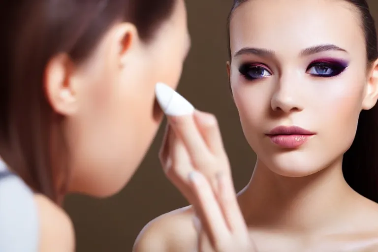 Prompt: beautiful female android, putting on makeup in front of a mirror, bathroom environment