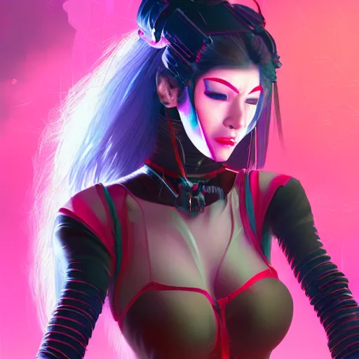 Image similar to a portrait of a cyberpunk geisha sorceress, warcore, sharp focus, detailed, artstation, concept art, 3 d + digital art, wlop style, biopunk, neon colors, futuristic