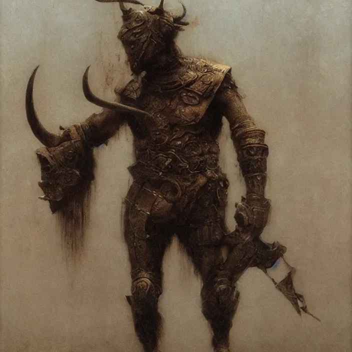 Prompt: minotaur warrior wearing ancient armor concept, beksinski, ruan jia