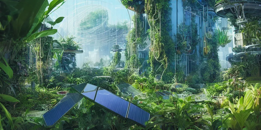 Prompt: solarpunk garden, sci - fi, plants, greenery, digital art by beeple