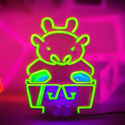 Image similar to cyberpunk hamster made of glowing neon lights holding a rainbow gem crystal, light reflection, 8 k, hd, logo