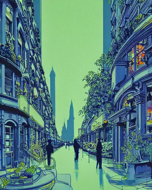 Prompt: london street scene by james jean, green plants, blue light, fine details