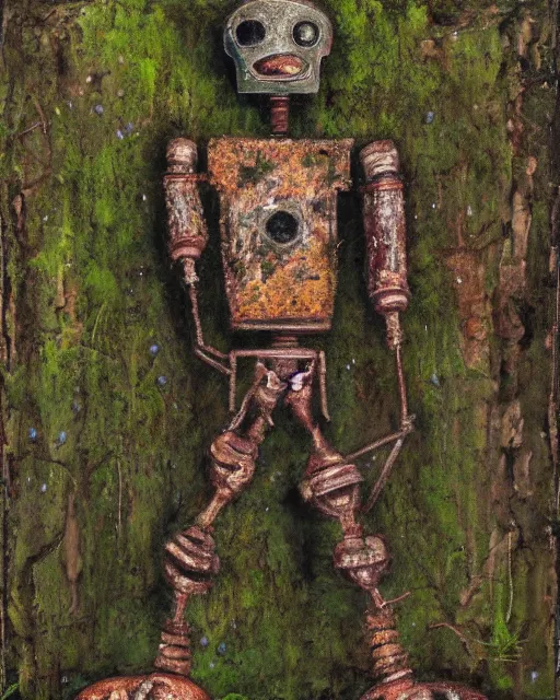 Image similar to detailed oil painting of a decayed, rusty, humanoid robot, covered in moss