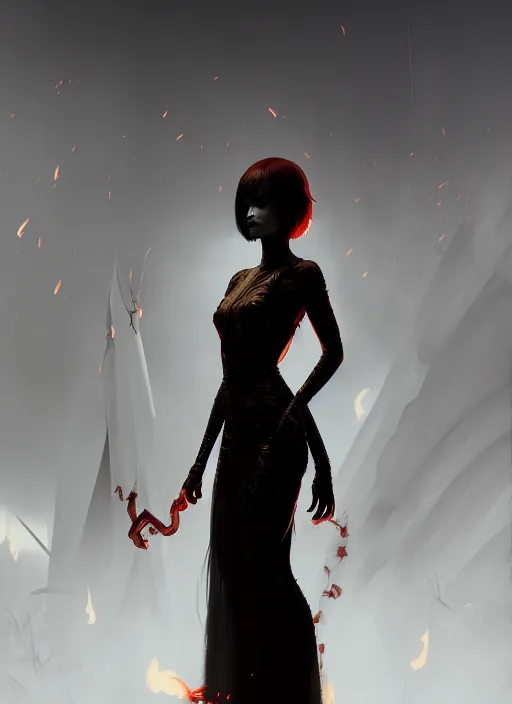 Image similar to satan daughter wearing gown, full body, pyromancer, intricate, elegant, highly detailed, digital painting, artstation, concept art, smooth, sharp focus, illustration, ethereal, misty, by ilya kuvshinov and jeremy mann, 8 k, octane render