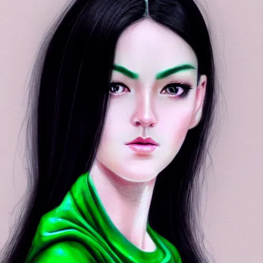 Prompt: gorgeous female Jade Tailor, realistic character concept, black hair, green dress, forest, trees, medium shot, shorter neck, illustration, symmetrical face and body, realistic eyes, artstation, photo realism, cinematic lighting, hyperdetailed, detailed realistic symmetrical eyes, symmetrical nose, symmetrical pupils, symmetrical nostrils, face by artgerm, symmetrical nose, cgsociety, 8k, high resolution, Charlie Bowater, Tom Bagshaw, single face, insanely detailed and intricate, beautiful, vfx, postprocessing