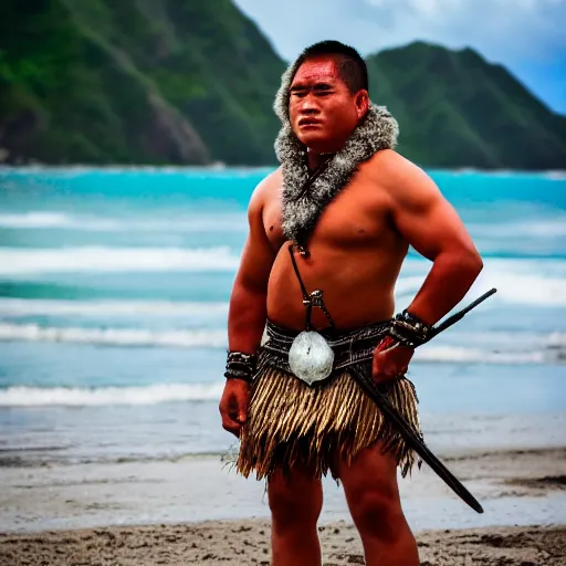 Image similar to a pacific islander warrior on a canoue, 4 k, hyper realistic, dslr, high resolution, landscape, beautiful