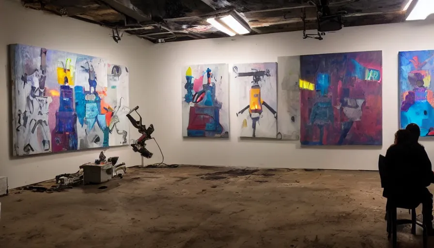 Prompt: robots! painting on canvases in a decrepit art gallery, dramatic lighting