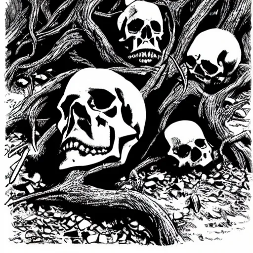 Image similar to Skulls lying under a dead tree. Close Up Shot, Dark Fantasy, Film Noir, Black and White. High Contrast, Mike Mignola, D&D, OSR