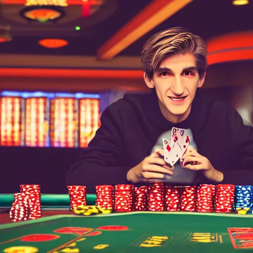 Image similar to film still of xqc gambling in Vegas, 4k, photorealism, artstation style