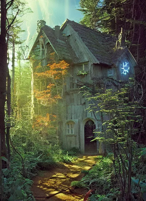 Image similar to hyper realistic witch cottage with happy lighting and technology in the woods gorgeous lighting, sunbeams blue sky, highly detailed photoreal, lush forest foliage painting by zdzisław beksinski and norman rockwell and greg rutkowski weta studio, and lucasfilm