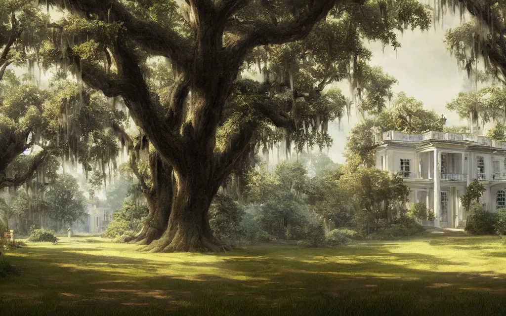 Image similar to a southern plantation, ornate large white manor house, long tree-lined driveway, romanticism, hyperdetailed, artstation, cgsociety, 8k, masterpiece