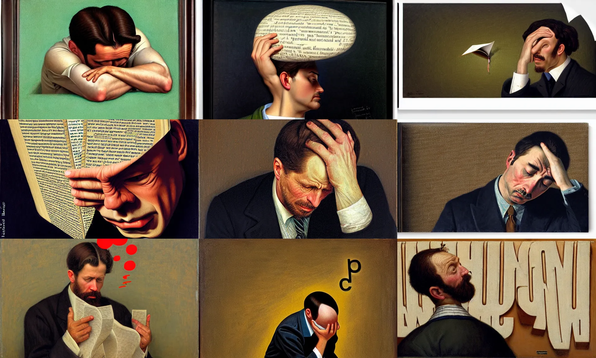 Prompt: A man clutching his head as information leaves it, words floating in midair, by Kenne Gregoire