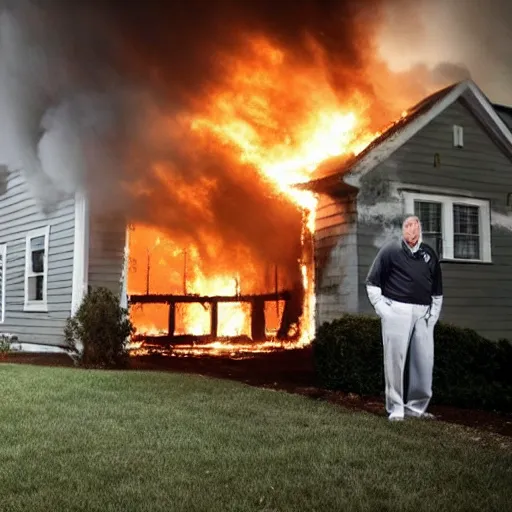 Image similar to a photo of a house burning down in the background and chris berman with an eerie expression in the foreground, strong depth of field