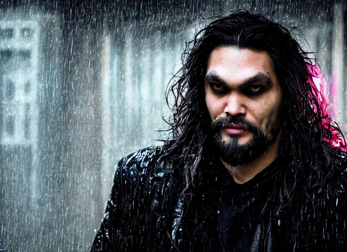 Image similar to closeup portrait of emo vampire goth jason momoa standing in the rain in a dark cyberpunk city, heavy make - up running down face, neon reflections in the puddles, portra 4 0 0 candid photograph portrait by annie leibovitz, 3 5 mm macro shot, f / 3 2, hyperrealistic, cinematic lighting, hd wallpaper, 8 k, 4 k