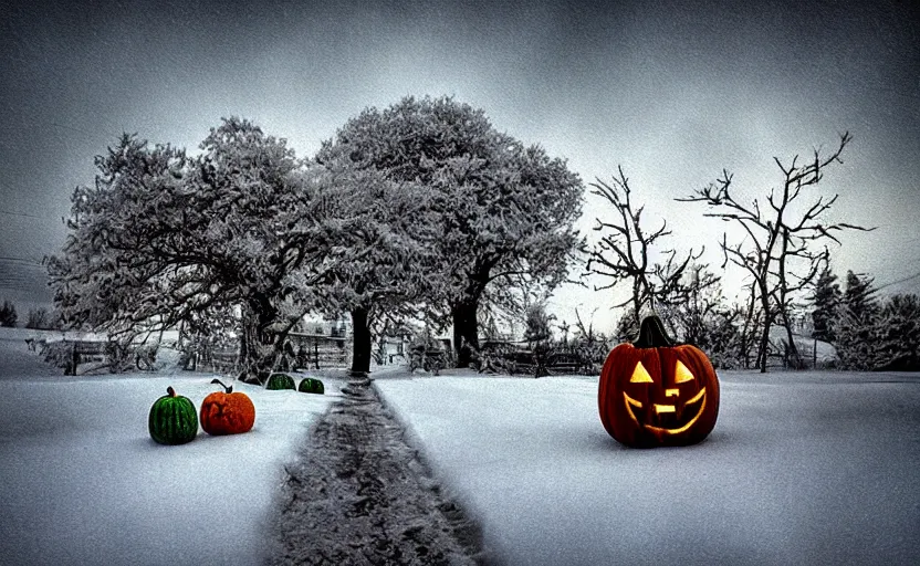 Image similar to “snowy halloween, HD photograph, award winning”