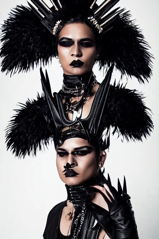 Prompt: a samoan genderqueer person in a black leather outfit with spikes on their head, a high fashion character portrait by christen dalsgaard, featured on behance, gothic art, androgynous, genderless, gothic