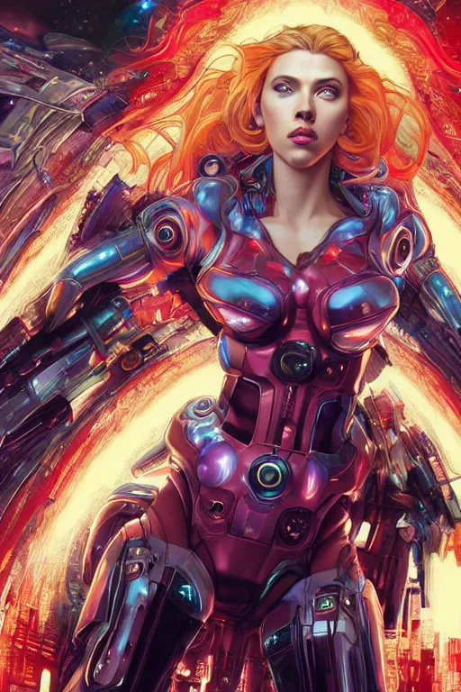Image similar to celestial cyberpunk scarlett johansson with cybernetic implants emerging from the big bang, by artgerm and yoshitaka amano and moebius and alphonse mucha, hyperdetailed, dc comics, ornate, nebula, explosions in the sky, trending on artstation