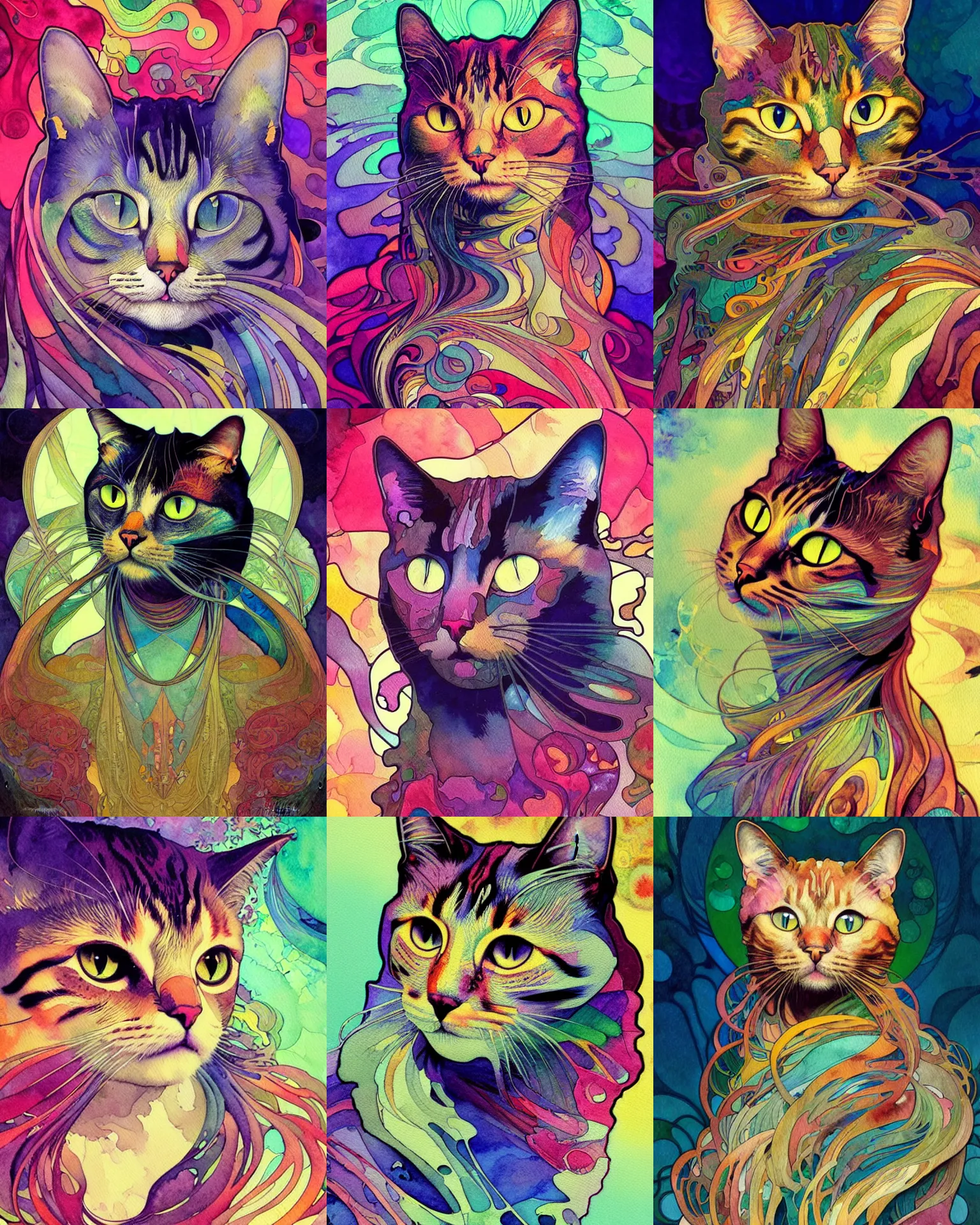 Prompt: cat portrait an watercolor painting splashes with many colors and shapes by john backderf greg rutkowski and alphonse mucha, polycount, generative art, psychedelic, fractalism, glitch art