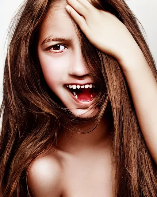 Prompt: photo portrait 1 5 - year old girl with lush brown hair, large front teeth, and bright piercing brown eyes, hyper realistic face, beautiful eyes, by mario testino
