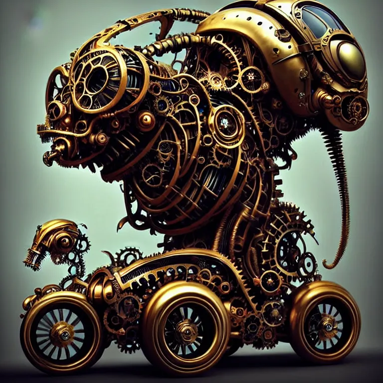 Image similar to biomechanical shiny steampunk vehicle reminiscent of fast sportscar with robotic parts and (glowing) lights parked in ancient lush palace, gothic and baroque, brutalist architecture, ultradetailed, creepy ambiance, fog, artgerm, giger, Intricate by Ellen Jewett and Josan Gonzalez and Giuseppe Arcimboldo