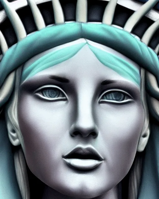 Image similar to photo portrait beautiful real woman as the statue of liberty hyper realistic face, beautiful eyes, hyper detailed, smooth