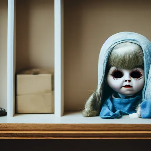 Image similar to creepy doll sitting on shelf, staring at camera, 8 k, photorealistic, dark