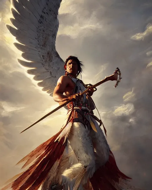 Image similar to an indigenous warrior with angelic wings, by tsuyoshi nagano, by greg rutkowski, dramatic lighting, blood, god rays, angelical