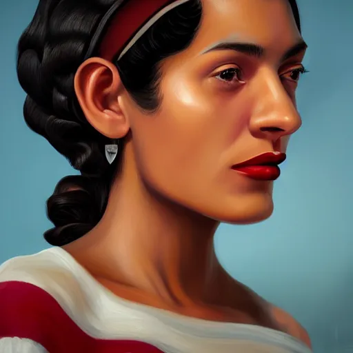 Image similar to A Hearts of Iron IV portrait of a Cuban young woman with high cheekbones. Good bone structure. Dressed in 1940s style. Highly detailed, fine Art, high detail, great lighting, 8k resolution, masterpiece, concept art, illustration, clear eyes, painting oil on canvas, octane render, HDR, trending on artstation, 4k, 8k, HD