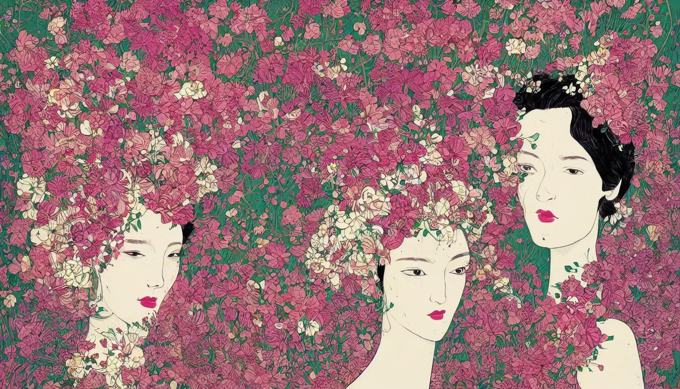 Image similar to beautiful woman with a head made from a bouquet of flowers by victo ngai