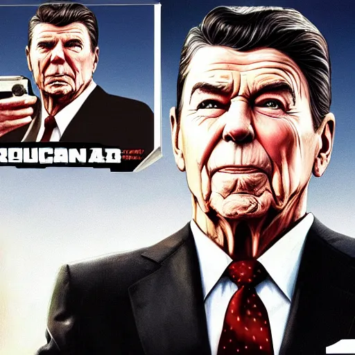 Image similar to “Ronald Reagan in GTA V, cover art by Stephen Bliss, Boxart, loadscreen”