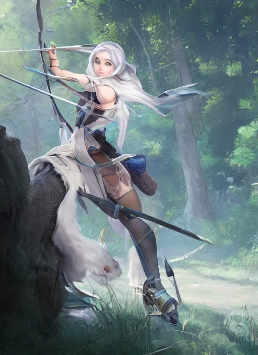 Image similar to ashe, from league of legends, shooting arrows with a silver bow, wearing fluffy bear skin, long skirt, hyper detailed, digital art, trending in artstation, cinematic lighting, studio quality, smooth render, unreal engine 5 rendered, octane rendered, art style by klimt and nixeu and ian sprigger and wlop and krenz cushart