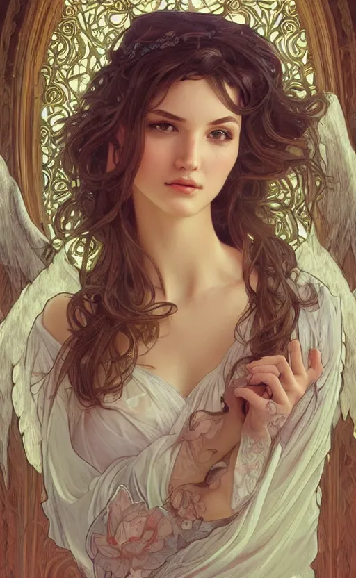 Image similar to a photograpic portrait of a pretty woman, angel, fantasy, intricate, elegant, highly detailed, digital painting, artstation, centered, concept art, smooth, sharp focus, arc, illustration, art by artgerm and alphonse mucha