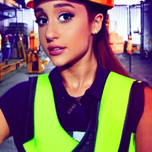 Image similar to photo, close up, ariana grande in a hi vis vest, in warehouse, android cameraphone, 2 6 mm,