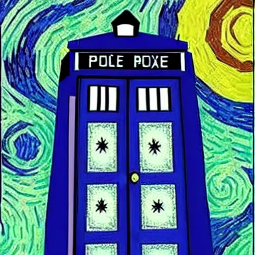 Image similar to an explosing tardis painted by van gogh