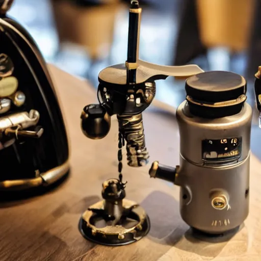 Prompt: dslr photo of a steampunk robotic coffee machine with small gears in an android coffee shop, by ridley scott,