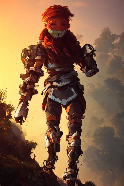 Image similar to combination suit armor aloy horizon forbidden west horizon zero dawn radiating a glowing aura global illumination ray tracing hdr fanart arstation by ian pesty and alena aenami artworks in 4 k tribal robot ninja mask helmet backpack