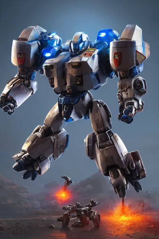 Image similar to mechwarrior 5 : mercenaries mech megaman transformer robot boss tank engine game octane render, 4 k, hd 2 0 2 2 3 d cgi rtx hdr style chrome reflexion glow fanart, global illumination ray tracing hdr fanart arstation by ian pesty by jesper ejsing pixar and disney unreal zbrush central hardmesh