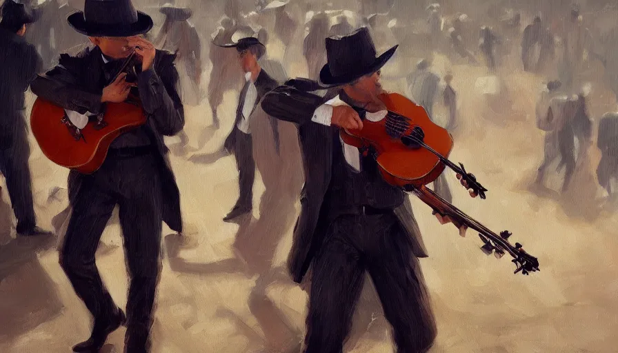 Image similar to mariachi, cinematic shot, concept art oil painting by jama jurabaev, extremely detailed, brush hard, artstation, high quality, brush stroke