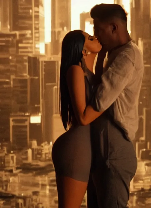 Image similar to film still of kylie Jenner kissing kim kardashian romanticly, scenic cyberpunk city backround, cinematic lighting, cinematic