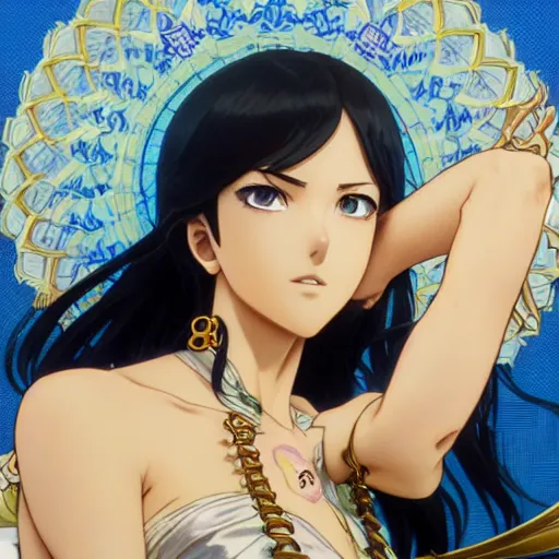 Image similar to highly detailed vfx portrait of nico robin by eiichiro oda, makoto shinkai, alphonse mucha, sharp focus, art by artgerm and greg rutkowski!, backlit, harsh overhead sunlight, blue eyes, stanley kybric, takeshi obata, kaoru mori, tsutomu nihei, pixiv, fanbox,