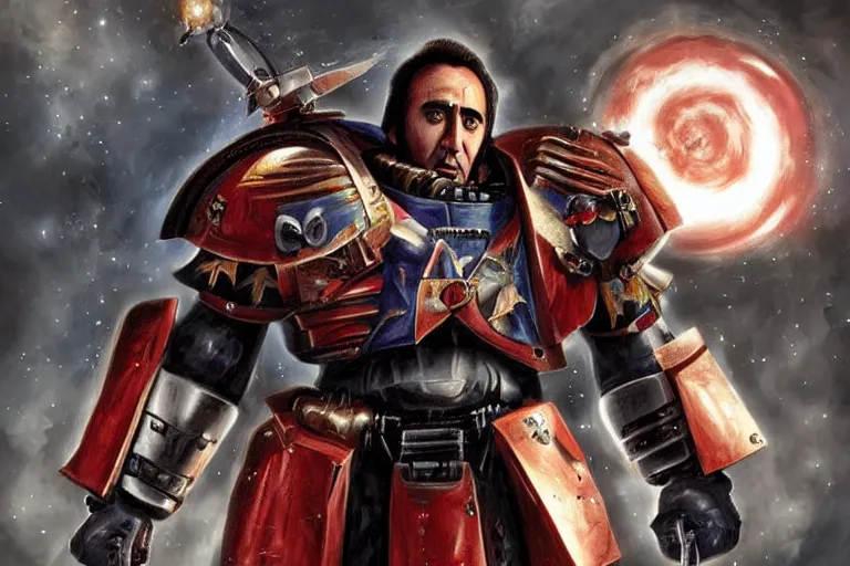 Image similar to nicolas cage as space marine, warhammer, photo, digital art, artstation, high detailed