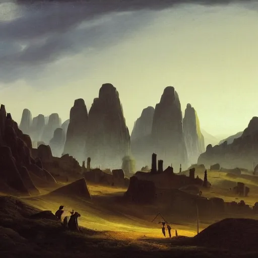 Prompt: sharp pointy mountains with a village piercing through the clouds, wooden platforms, tents, colors, misty clouds, sun at dawn, brutalism, painting by caspar david friedrich