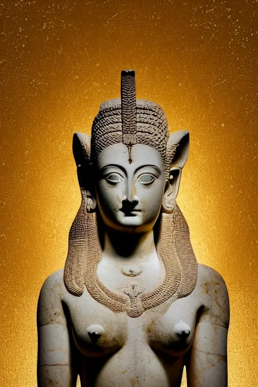 Image similar to photo of the ancient statue of extremely beautiful demon goddess from sumeria, marble and gold materials, symmetrical, cinematic, real dlsr photography, sharp focus, 4 k, ultra hd, sense of awe, archeology journal cover