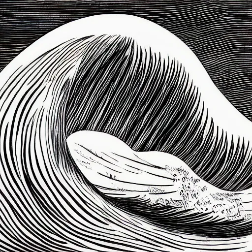 Image similar to an beautiful painting of one single hawaiian wave painted by albrecht durer, monochromatic color scheme, high detail, breathtaking wave, lineart, line art, soft colors, simplicity