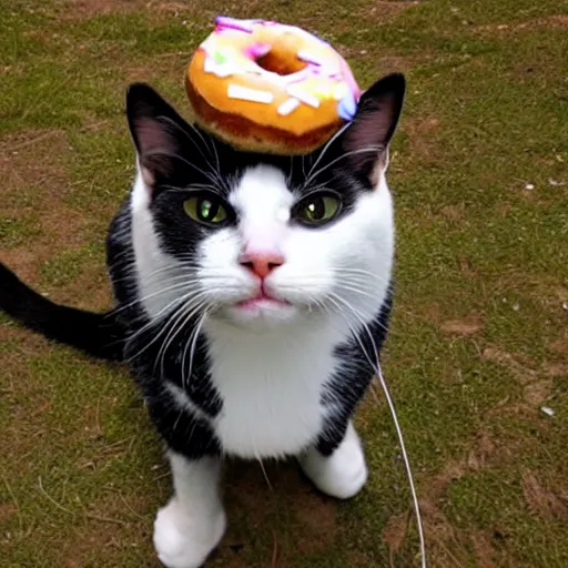 Image similar to Cat in a suit with a donut in its mouth, trail cam footage