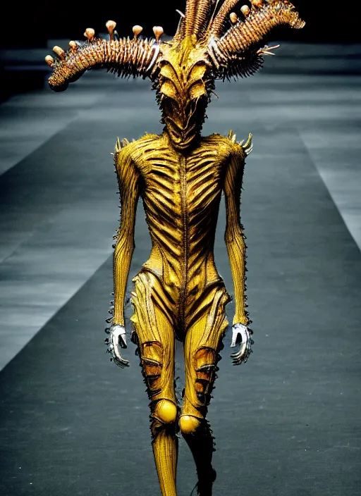 Image similar to walking down the catwalk, steven klein, show, stage, vogue photo, podium, fashion show photo, iris van herpen, beautiful woman, full body shot, helmet on face, masterpiece, plant predator, giger, guyver, jellyfish, biomechanical details, movie still, fauvism, cinestill, bokeh, gelios lens