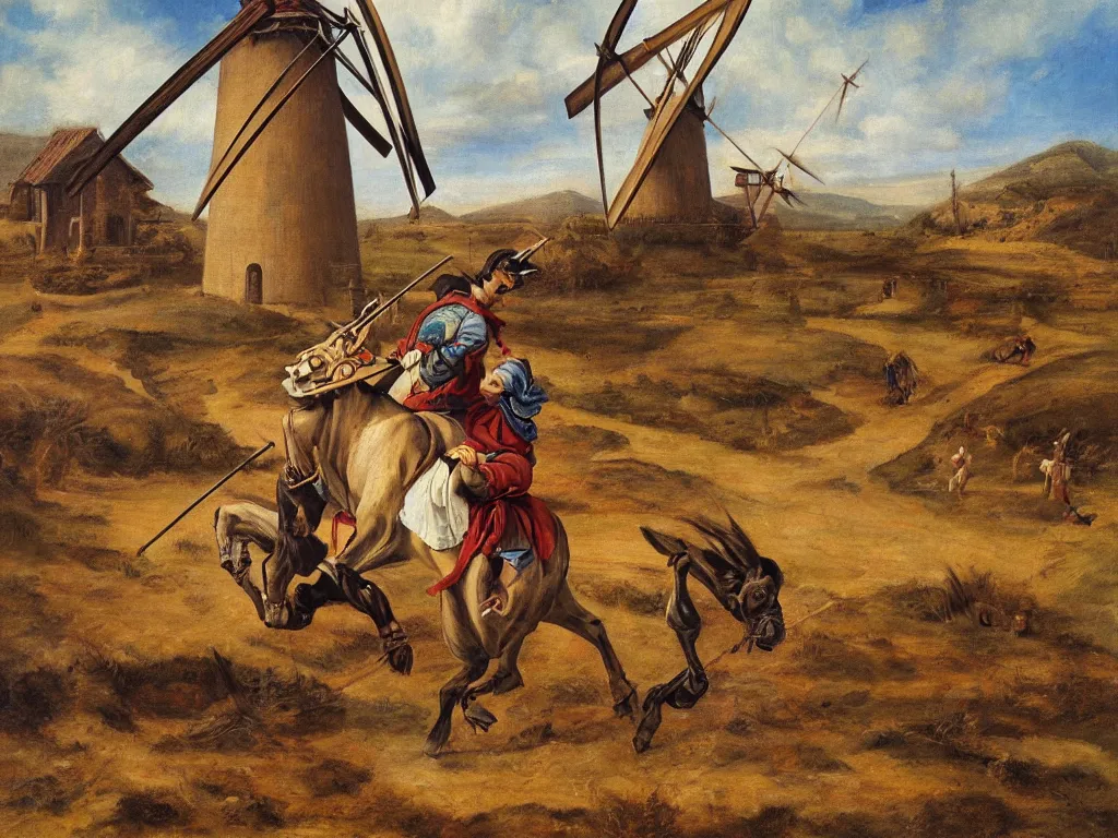 Image similar to oil painting of don quijote attacking a windmill, hyperrealism, highly detailed, pre - raphaelite style